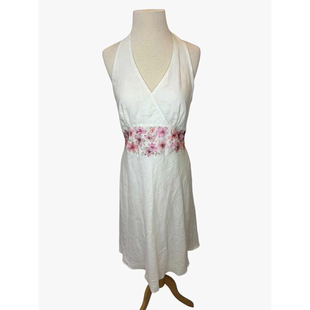 Ann Taylor Y2K Ivory Linen Floral Embroidered Halter Mini Dress Size 8 Coquette - Picture 15 of 15